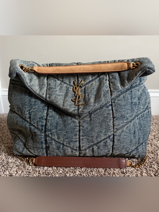 Yves Saint Laurent Handbags - Yves Saint Laurent Quilted Denim Shoulder Bag with Gold Logo and Brown Trim